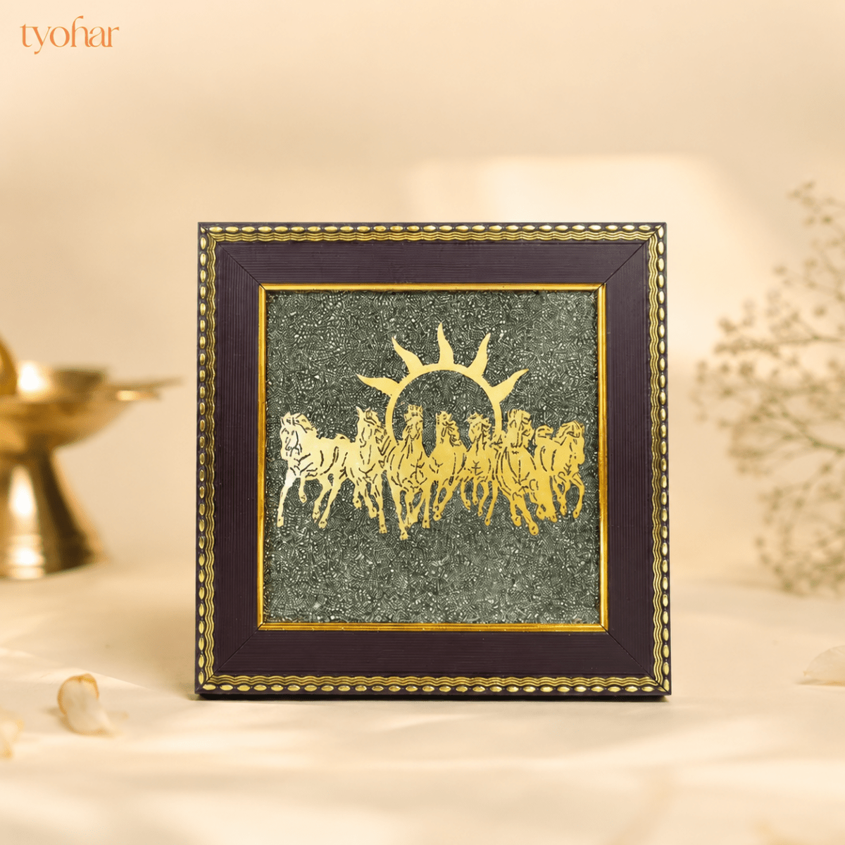 Surya Dev's 7 Horses on Raw Pyrite Dust Plate Frame - Tyohar Store