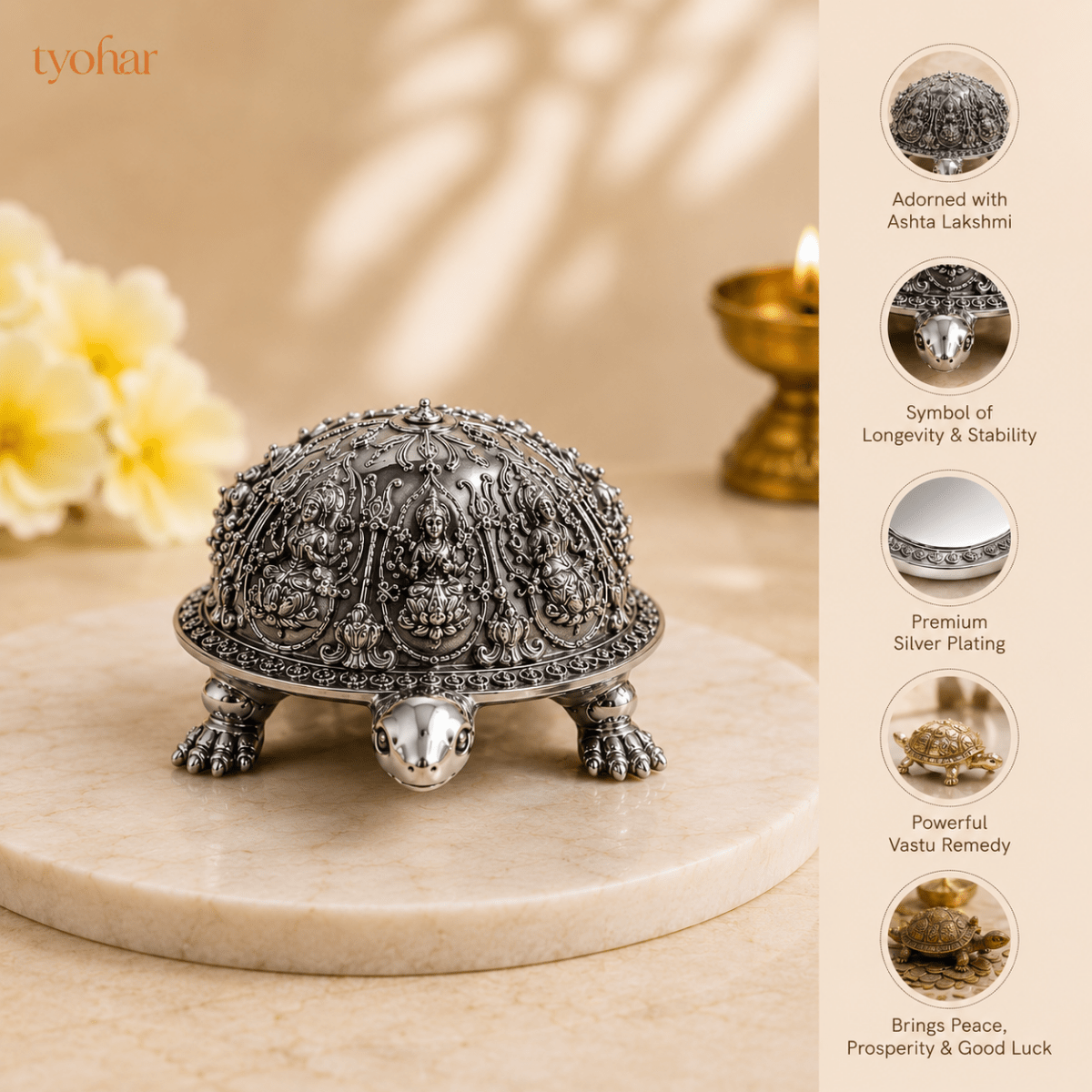 Ashtalakshmi Tortoise Idol | 999 Silver Plated [3.5 inch] - Tyohar Store