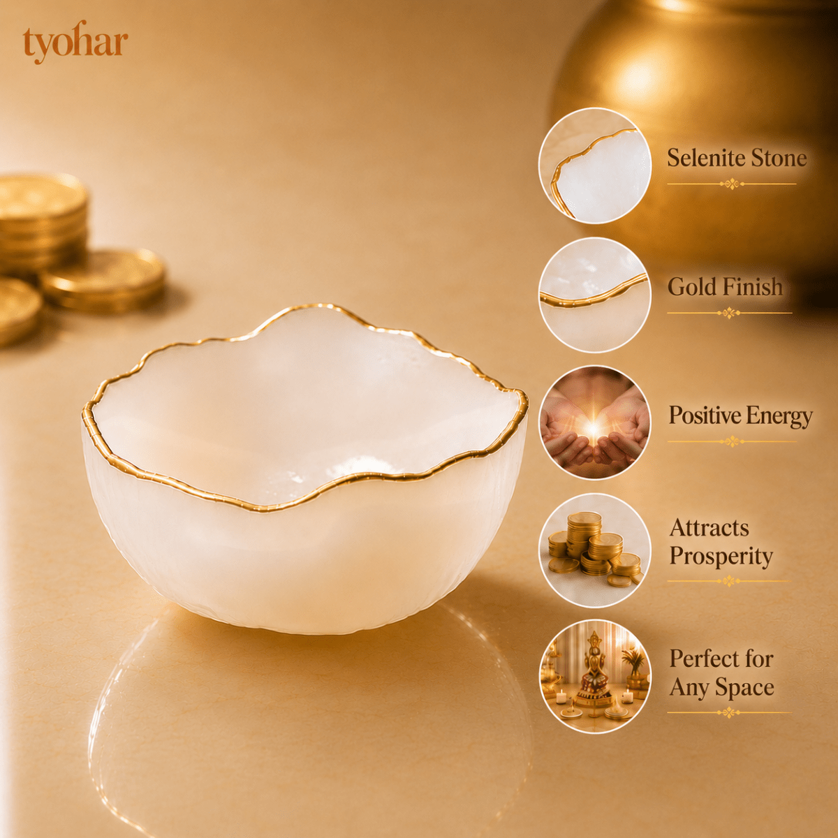 Pure Selenite Money Bowl with Gold Lining - Tyohar Store