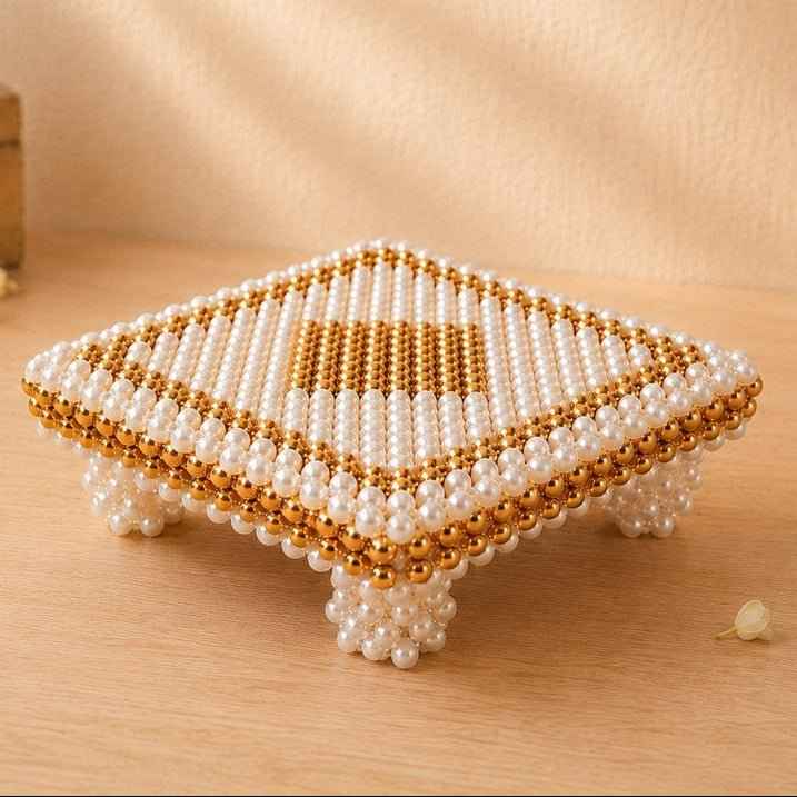 White and Gold Pearl Pooja Chowki [3 Sizes]