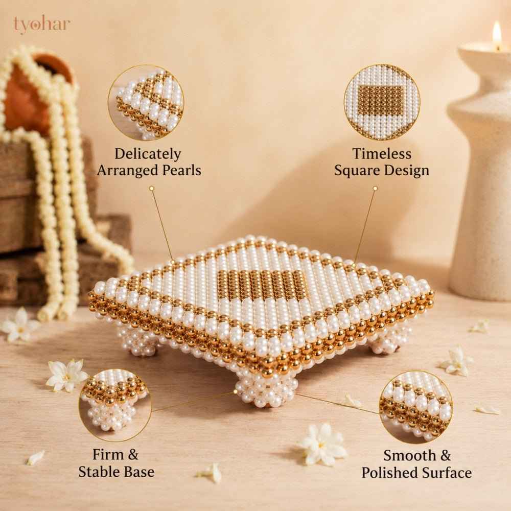 White and Gold Pearl Pooja Chowki [3 Sizes]
