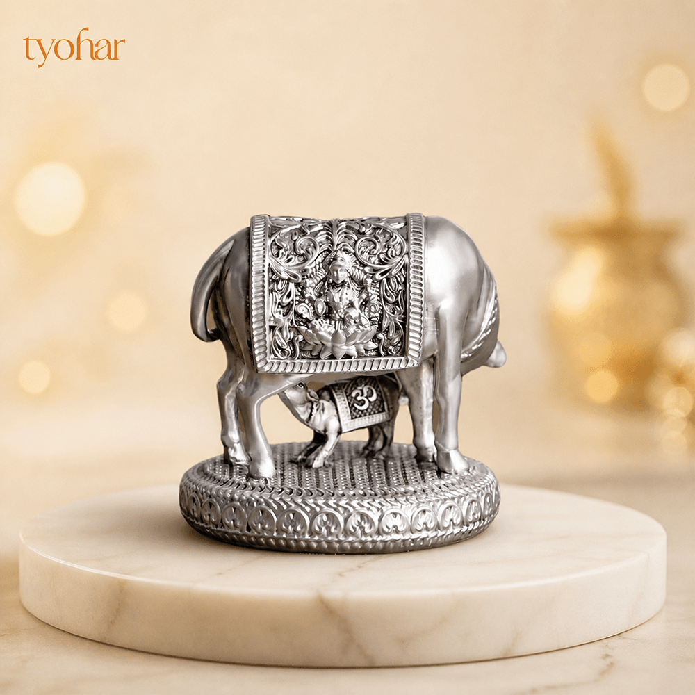 Mata Kamdhenu With Nandi Calf Idol | Pure Silver Plated - Tyohar Store