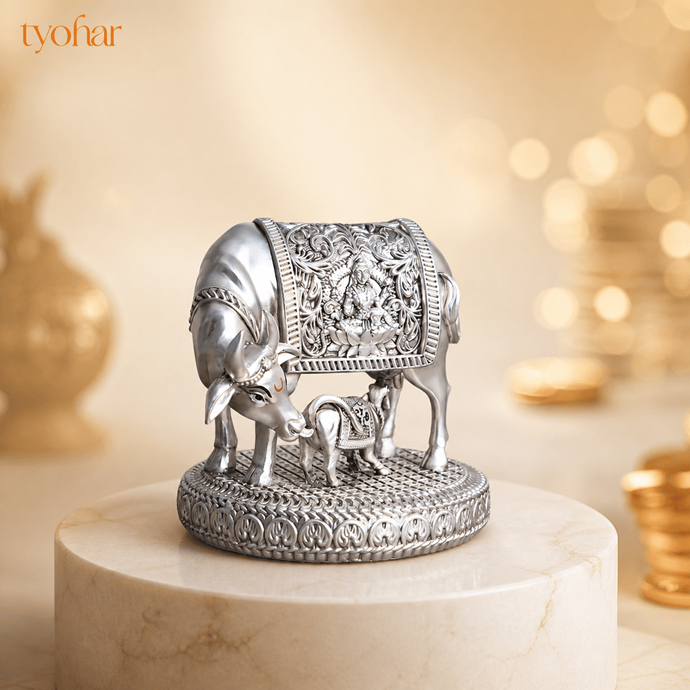 Mata Kamdhenu With Nandi Calf Idol | Pure Silver Plated - Tyohar Store