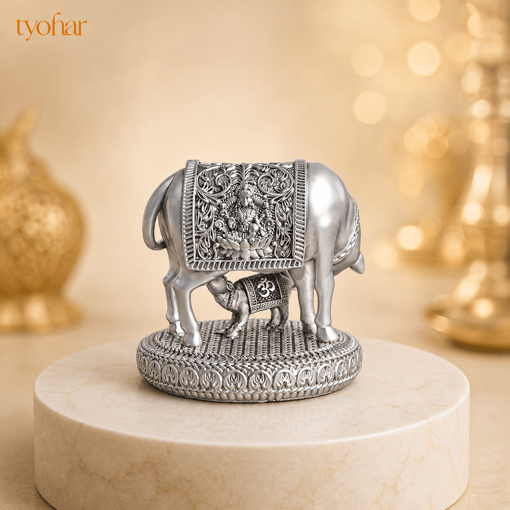 Mata Kamdhenu With Nandi Calf Idol | Pure Silver Plated - Tyohar Store
