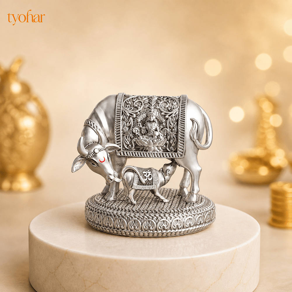 Mata Kamdhenu With Nandi Calf Idol | Pure Silver Plated - Tyohar Store