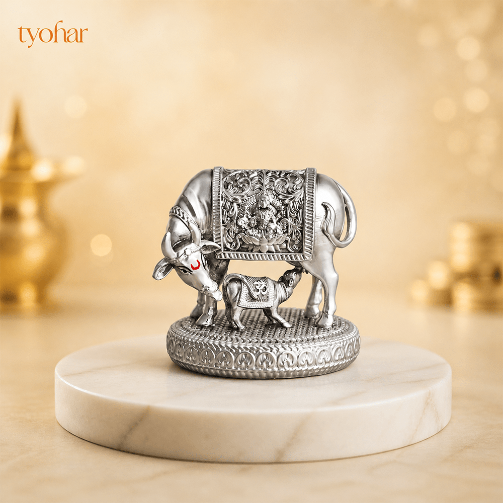 Mata Kamdhenu With Nandi Calf Idol | Pure Silver Plated - Tyohar Store