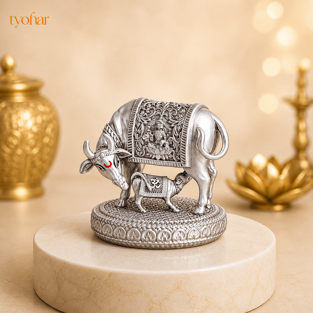 Mata Kamdhenu With Nandi Calf Idol | Pure Silver Plated - Tyohar Store