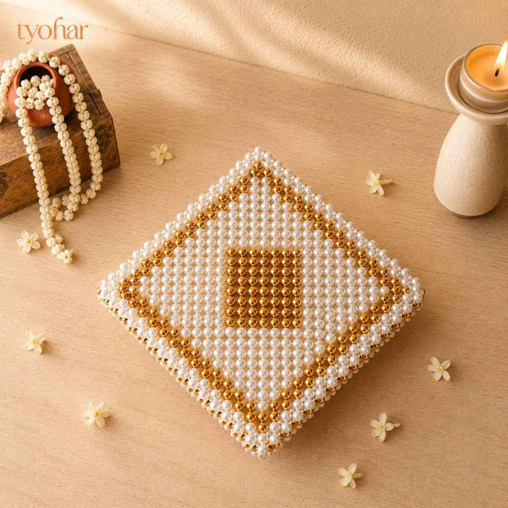 White and Gold Pearl Pooja Chowki [3 Sizes]