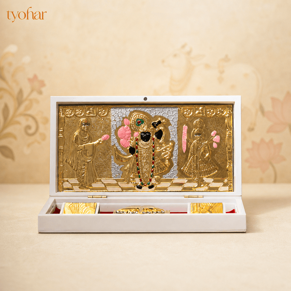 Shreenathji & Radha Krishna Pocket Temple | Pure Gold Plated - Tyohar Store