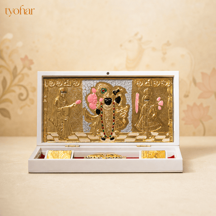 Shreenathji & Radha Krishna Pocket Temple | Pure Gold Plated - Tyohar Store