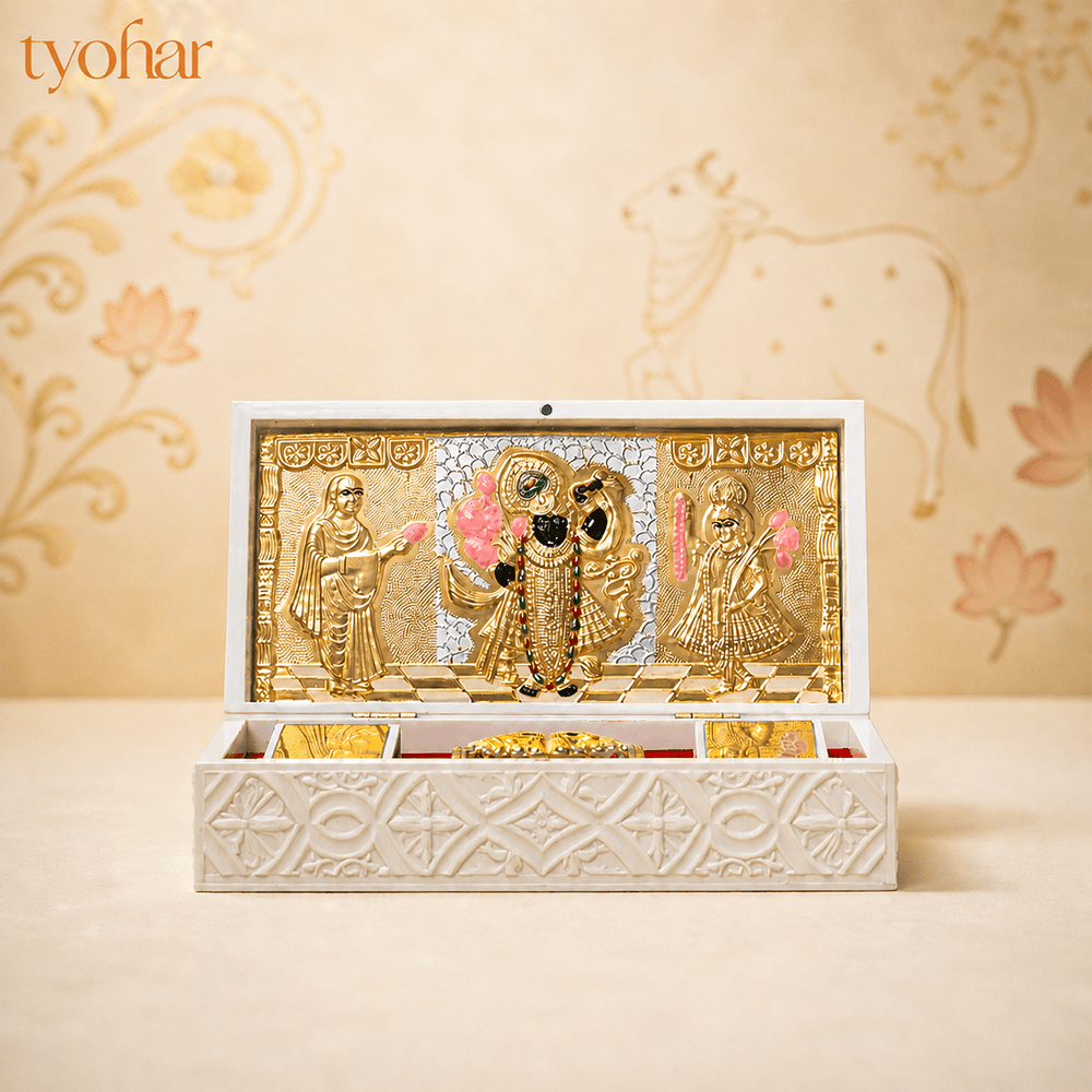 Shreenathji & Radha Krishna Pocket Temple | Pure Gold Plated - Tyohar Store