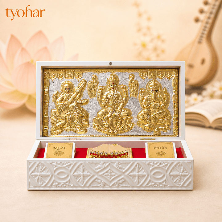 Shree Ganesh Lakshmi Saraswati Pocket Temple | Pure Gold Plated - Tyohar Store