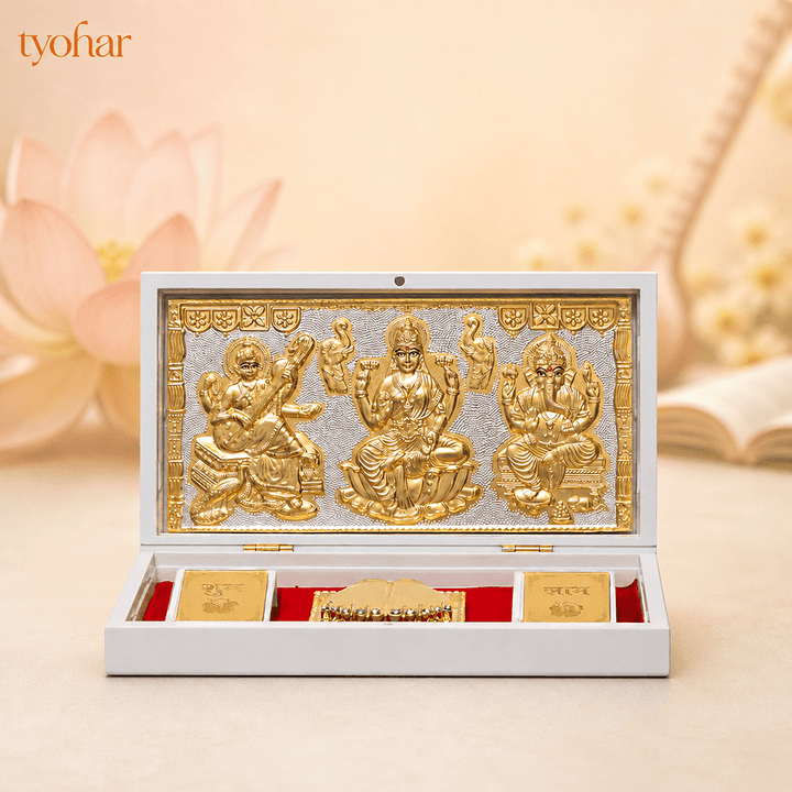 Shree Ganesh Lakshmi Saraswati Pocket Temple | Pure Gold Plated - Tyohar Store