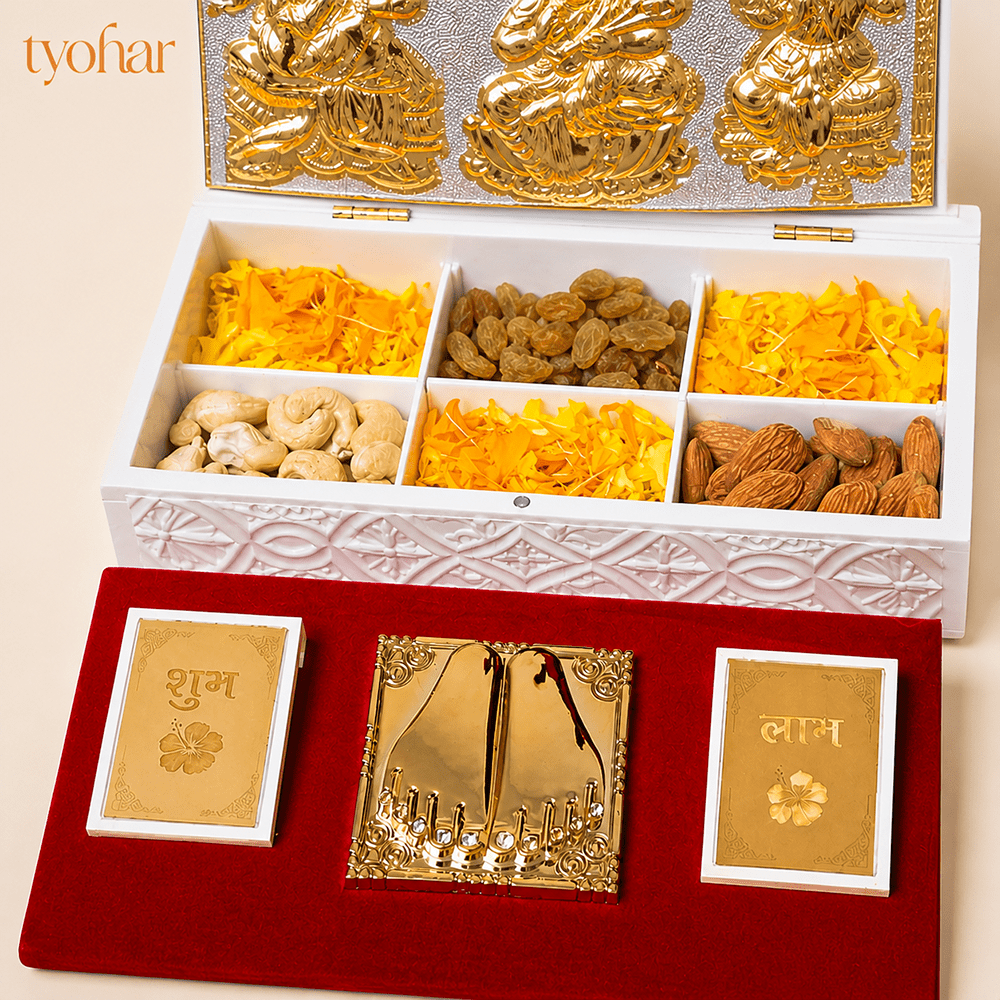 Shree Ganesh Lakshmi Saraswati Pocket Temple | Pure Gold Plated - Tyohar Store