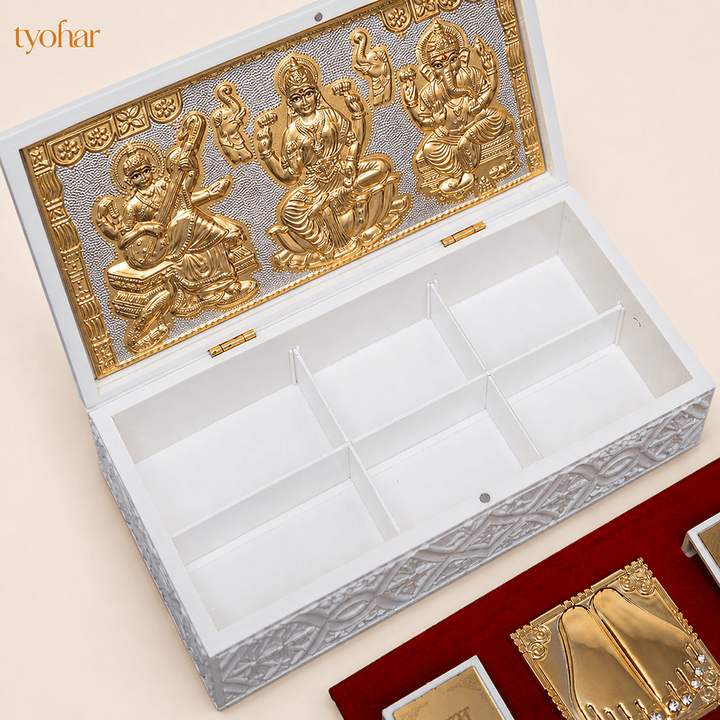Shree Ganesh Lakshmi Saraswati Pocket Temple | Pure Gold Plated - Tyohar Store
