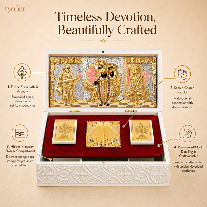 Shreenathji & Radha Krishna Pocket Temple | Pure Gold Plated - Tyohar Store