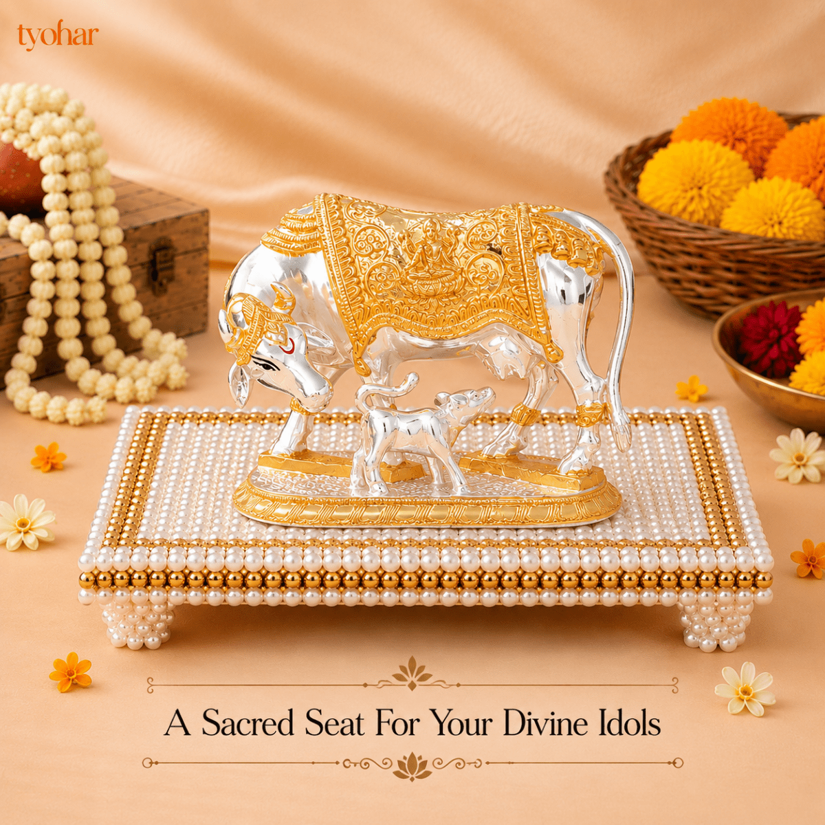 White and Gold Pearl Pooja Chowki [3 Sizes] - Tyohar Store