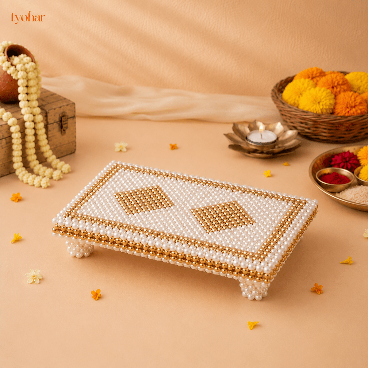 White and Gold Pearl Pooja Chowki [3 Sizes] - Tyohar Store