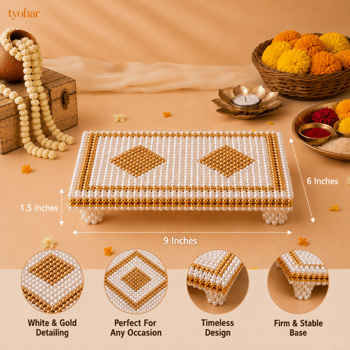 White and Gold Pearl Pooja Chowki [3 Sizes] - Tyohar Store