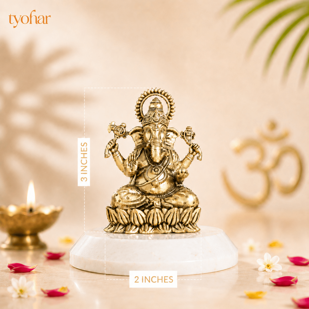 Brass Left-Trunk Vighnaharta Ganesha Murti Sitting On Lotus [3 Inch] - Tyohar Store