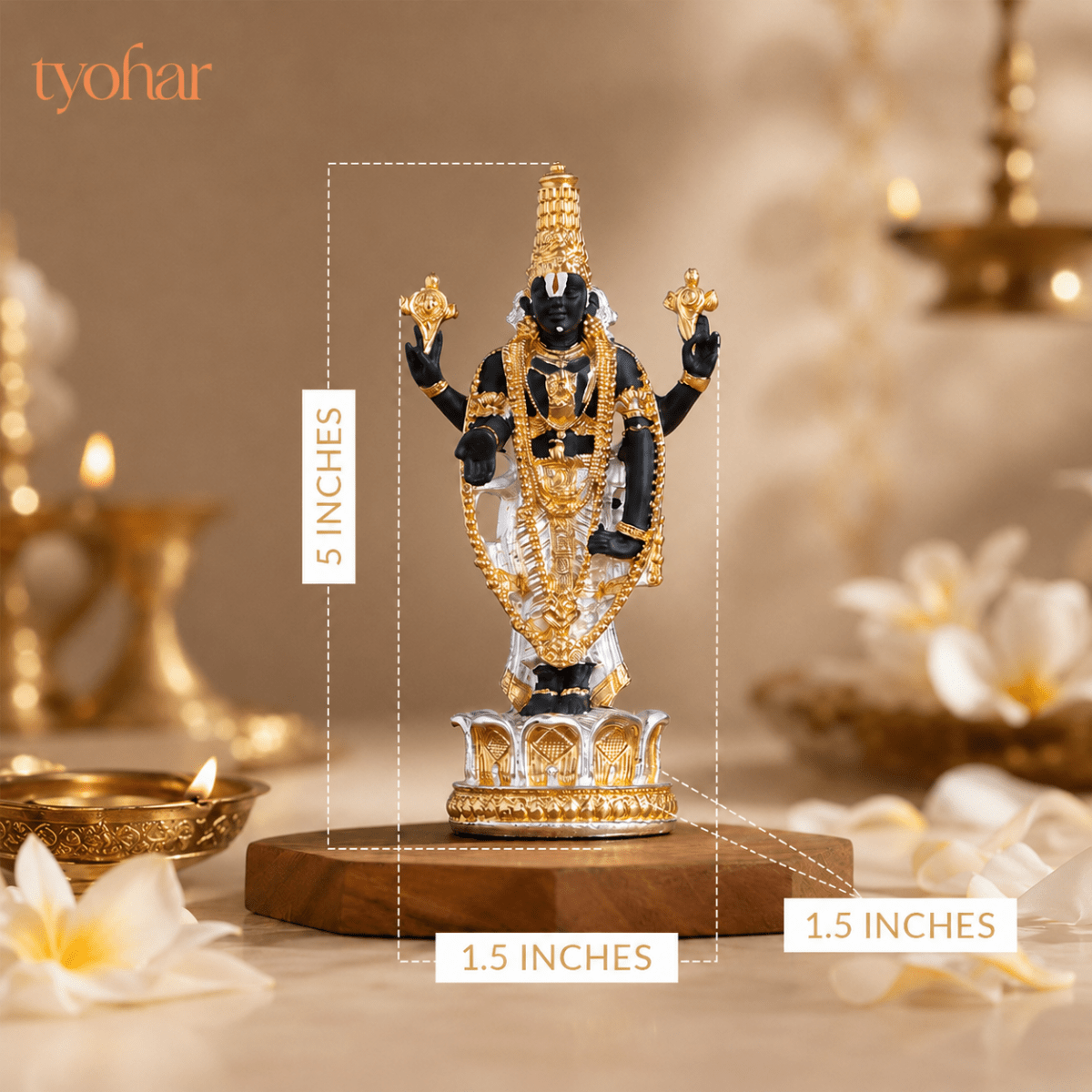 Sri Tirupati Balaji (Venkateswara) Standing Idol | Pure 24K Gold & 999 Silver Plated - Tyohar Store