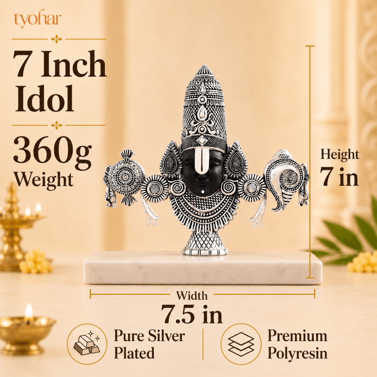 Sri Balaji Face Idol | Pure Silver Plated - Tyohar Store