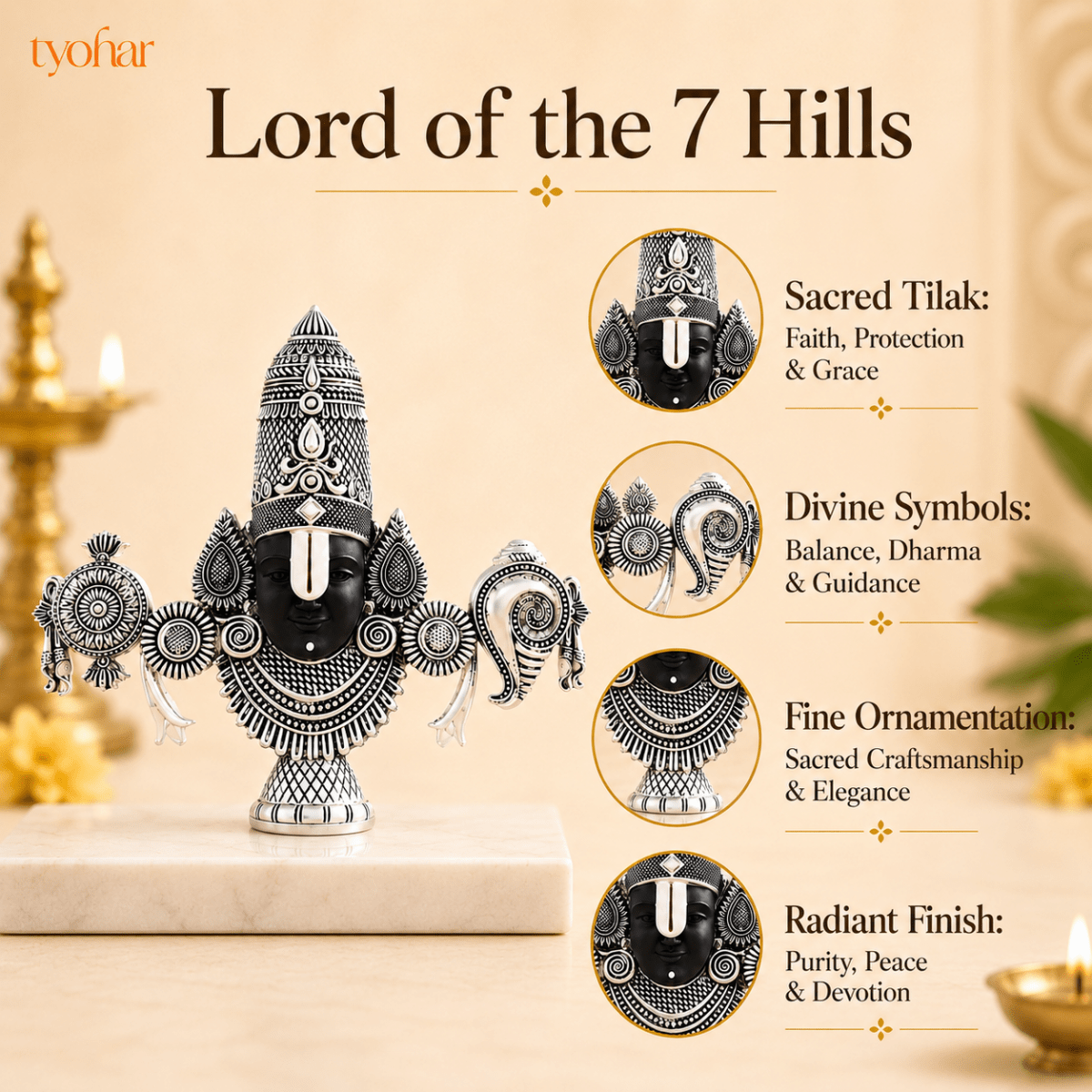 Sri Balaji Face Idol | Pure Silver Plated - Tyohar Store