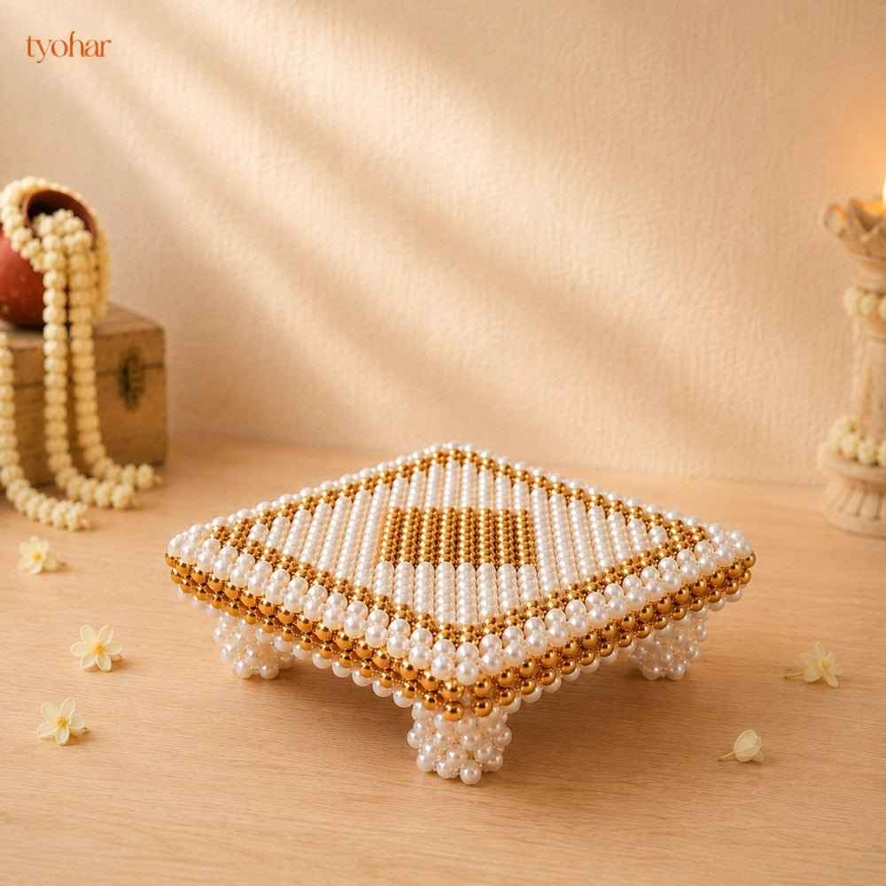 White and Gold Pearl Pooja Chowki [3 Sizes]