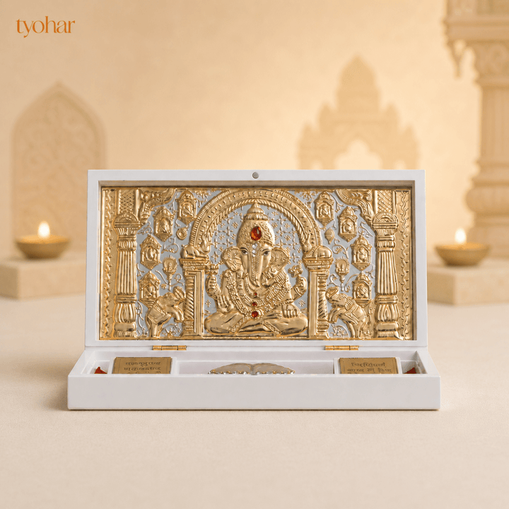 Shree Ganesh Lakshmi Saraswati Pocket Temple | Pure Gold Plated - Tyohar Store