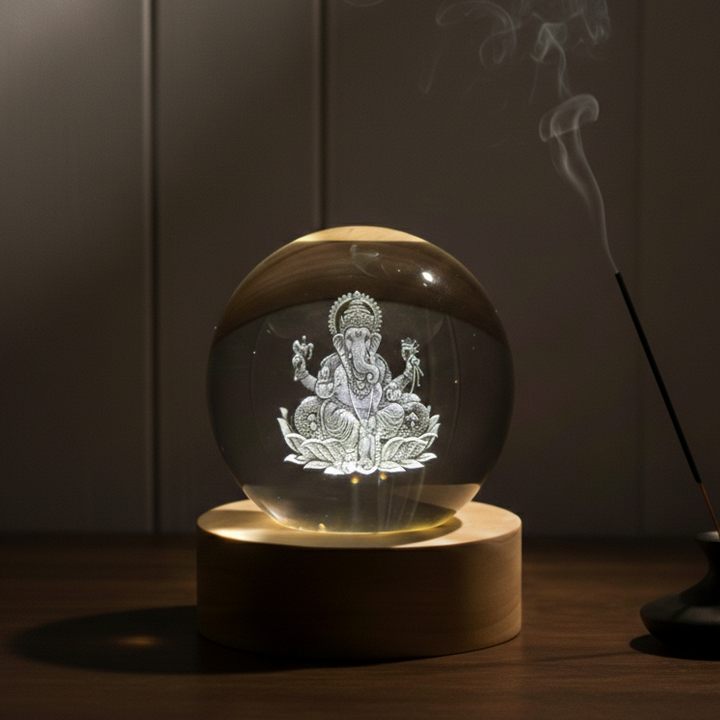 Divine 3D Crystal Lamp – Laser Engraved God Idol Night Light with Wooden LED Base