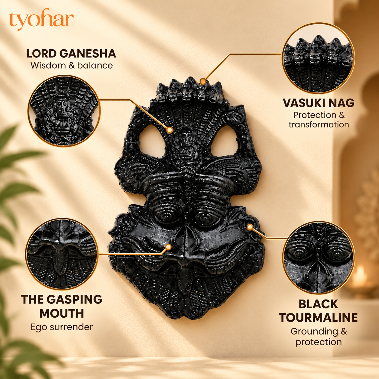 Pure Black Tourmaline Kirtimukh Idol