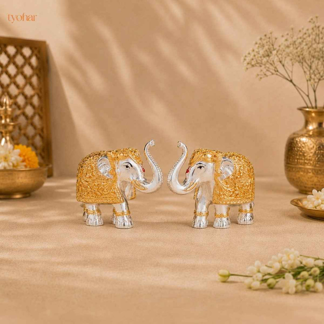 Trunk Up Elephant Pair - Gold & Silver Plated