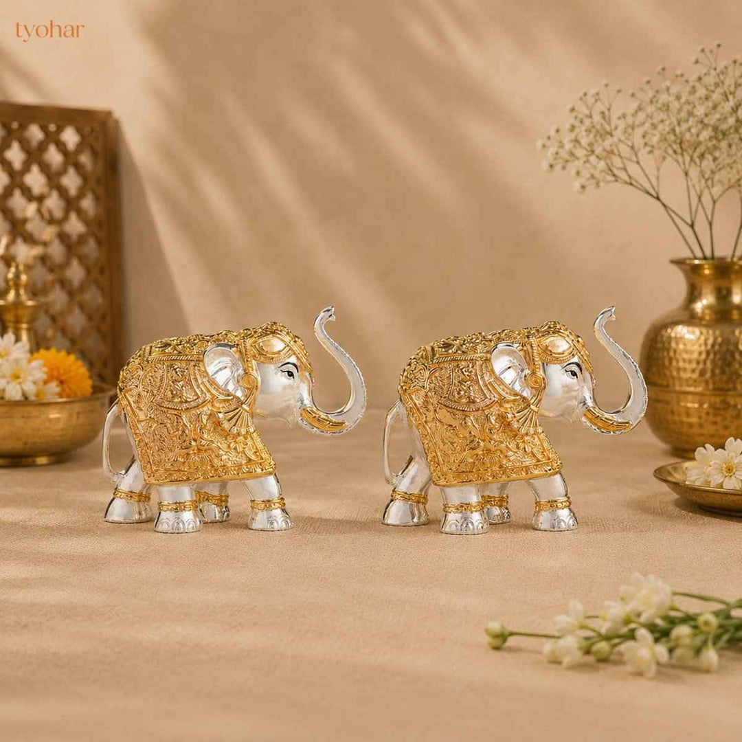 Trunk Up Elephant Pair - Gold & Silver Plated