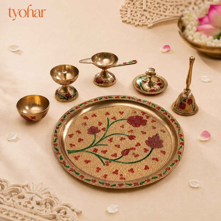 Brass Floral Meenakari Pooja Thali Set (10 Inch)