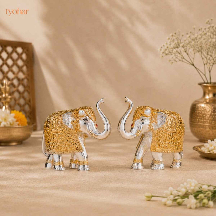 Trunk Up Elephant Pair - Gold & Silver Plated