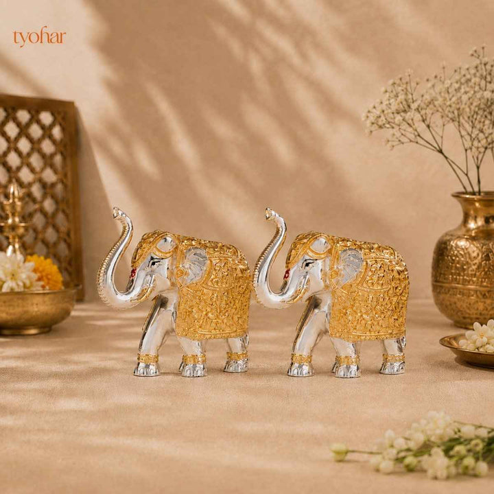 Trunk Up Elephant Pair - Gold & Silver Plated