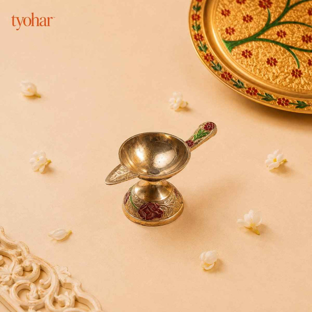 Brass Floral Meenakari Pooja Thali Set (10 Inch)