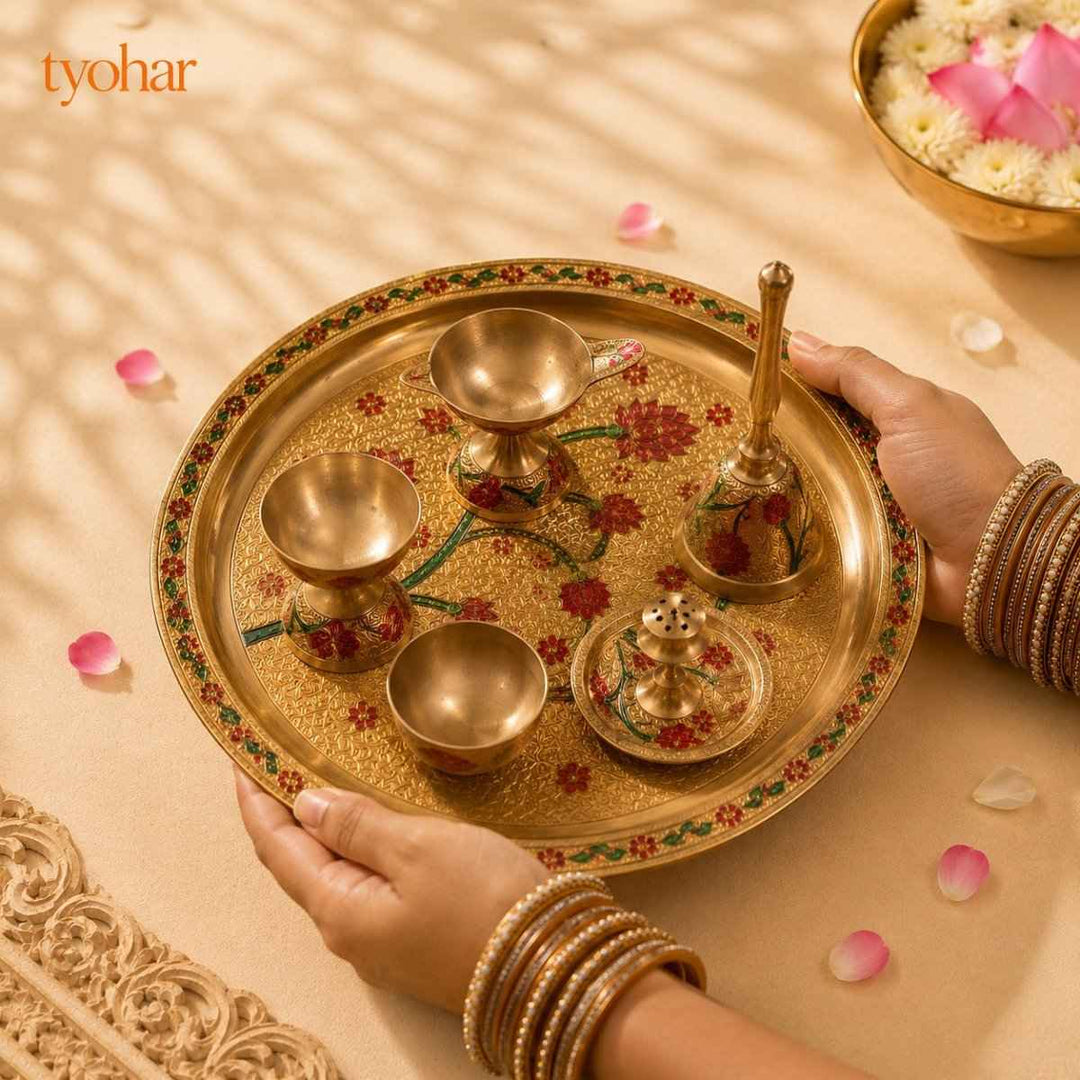 Brass Floral Meenakari Pooja Thali Set (10 Inch)